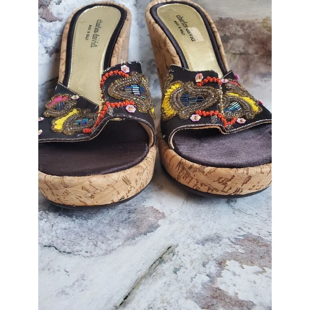 Charles David Women's Embellished Cork Wedge Sandals - Black & Gold, Size 8.5